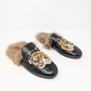 Gucci Princetown Tiger Black Leather Size 37 Horse Bit Mules Loafers